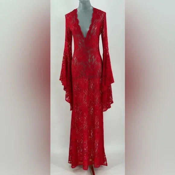 🆕 ALEXANDRA MIRO 🧿 NWOT Kara Long Boylen Sleeve Kaftan, Red Lace - Sz XS - Picture 11 of 14
